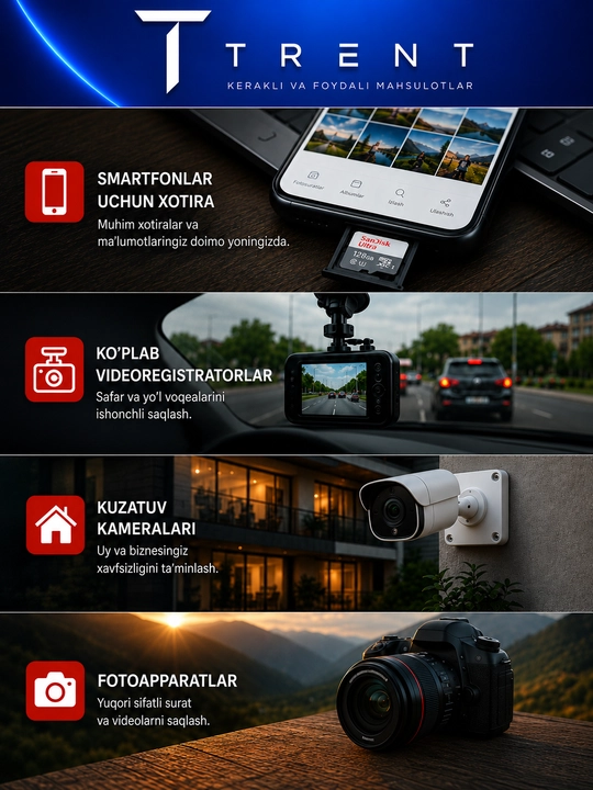 SanDisk Ultra microSD 16/64/128 GB xotira kartasi, A1, UHS-I, 100 MB/s gacha, fleshka