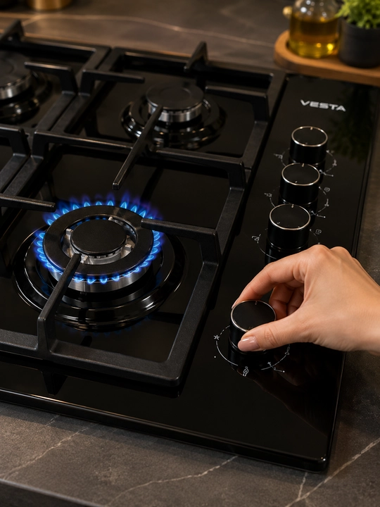 VESTA Classico V64-0430 gaz pishirish paneli, 4 gaz konforkali, cho'yan panjara, qora