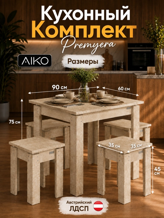 AIKO Premyera ovqatlanish komplekti, stol va 4 ta stul, oshxona mebeli, stol stul