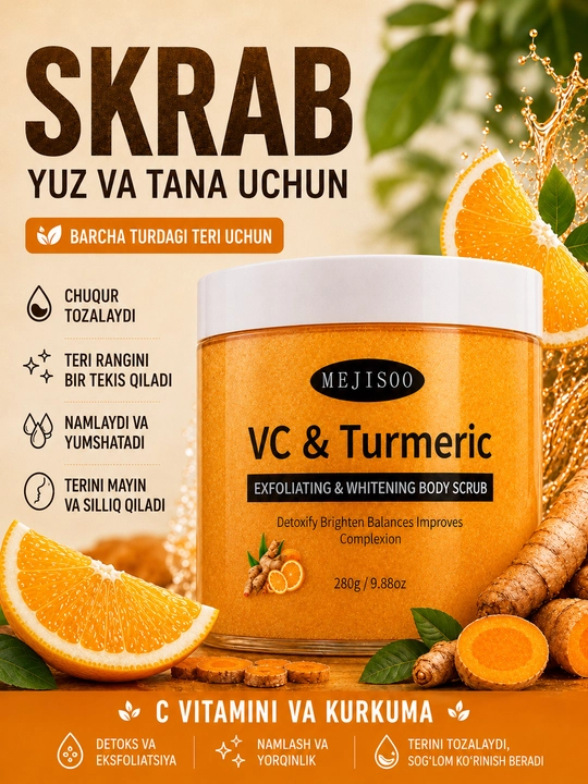 Kurkuma va C vitamini bilan badan va yuz uchun oqartiruvchi skrab