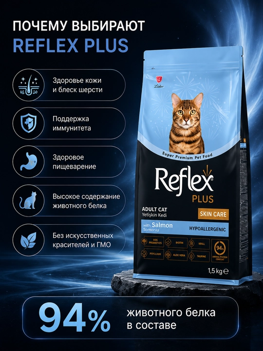 Reflex Plus Skin Care bu mushuklar uchun terini parvarishlashga mo‘ljallangan 1.5 kg