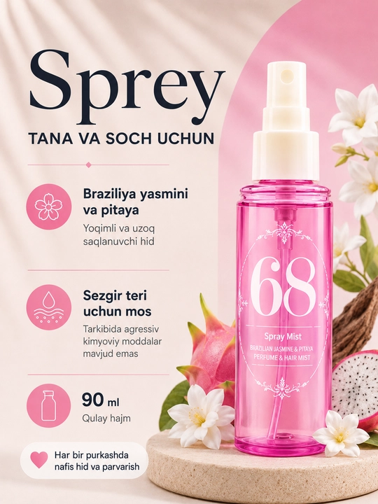 Tana va sochlar uchun parfyumeriya spreyi, tana uchun namlantiruvchi mist, yumshoq sprey, 90 ml