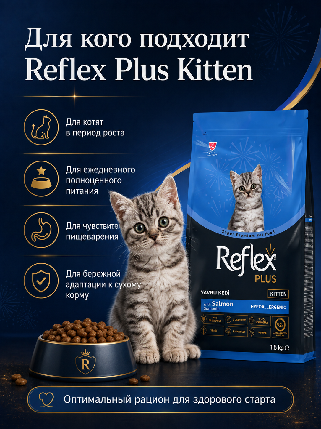 Reflex Plus Kitten Salmon quruq mushukchalarga moljallangan lososli ozuqa, 1.5 kg