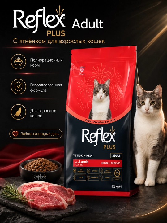 Reflex Plus Lamb & Rice, quritilgan yangiq go‘shti, kattalar mushuklar uchun, 1.5 kg - 