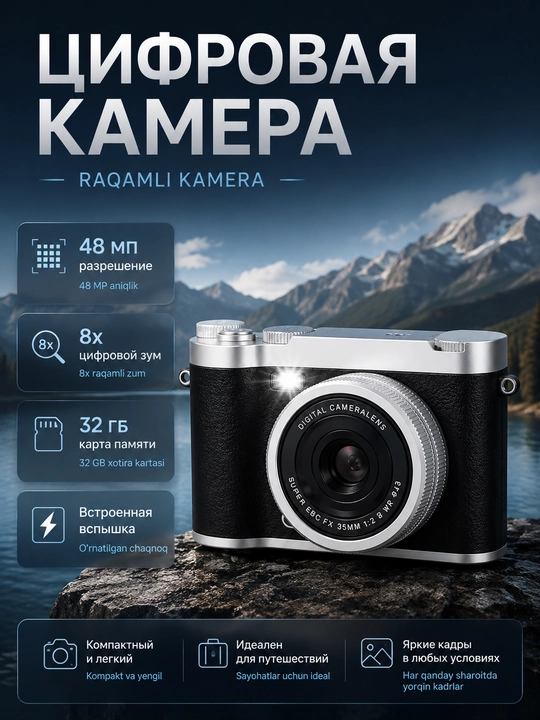 Raqamli kamera (fotoparat), foto kamera, retro kamera, 8x zum, va 32 GB karta - 