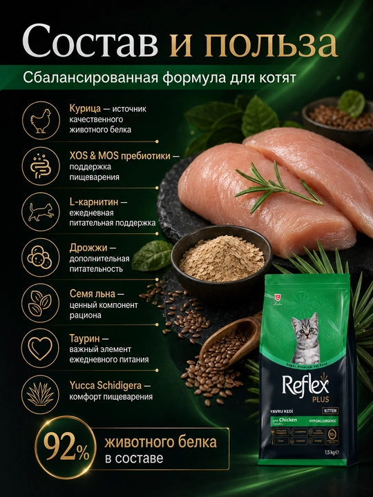 Reflex Plus Kitten Chicken mushukchalar uchun quruq ovqat, tovuq bilan, 1.5 kg