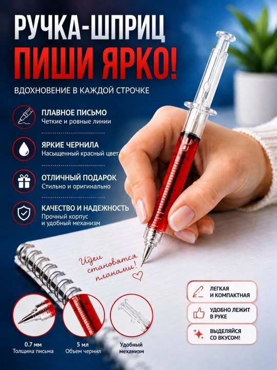 Ручка шариковая, шприц, подарок - 