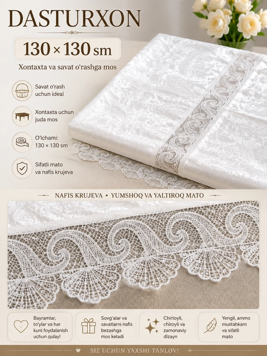 Dasturxon, xontaxta va tog‘ora o‘rash uchun dasturxon, zamonaviy kvadrat dasturxon, 130×130 sm o‘lchamda