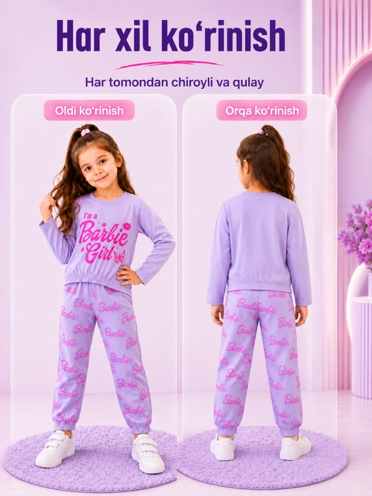 Костюм для девочек на осень,  двойка с принтом Barbie, детская одежда, 1–8 лет