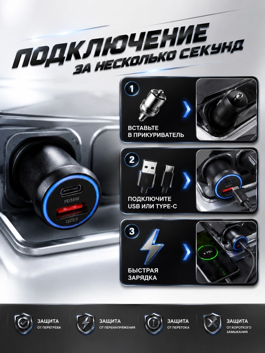 Avtomobil quvvatlovchi qurilmasi, USB-A+Type C - 