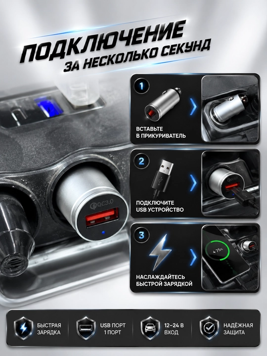 Автомобильное зарядное устройство, USB-A+Type C