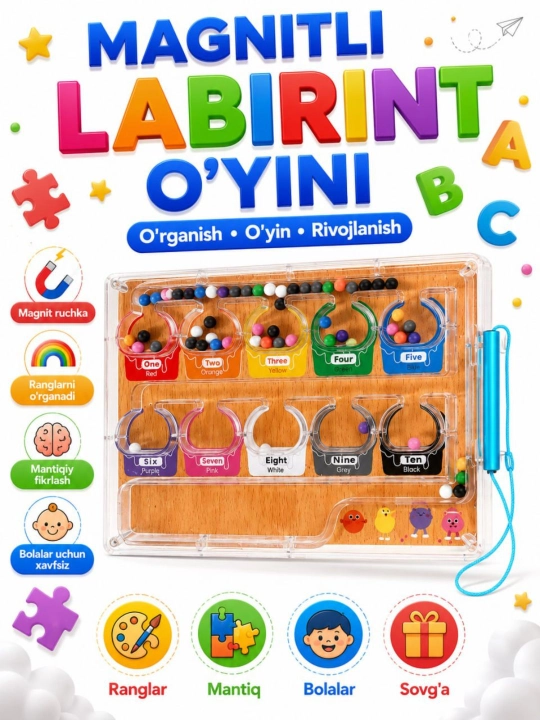 Ranglarni saralash - rangli raqamlar, magnit qalam bilan joylashtiring, o'yinchoqlar - 