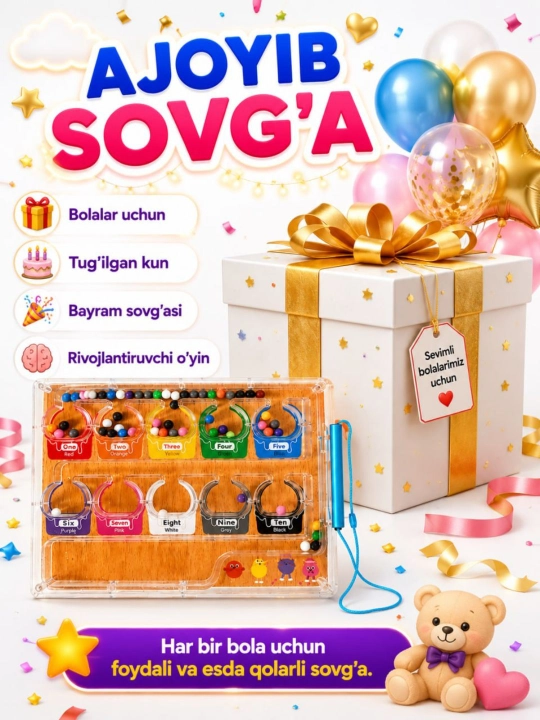 Ranglarni saralash - rangli raqamlar, magnit qalam bilan joylashtiring, o'yinchoqlar