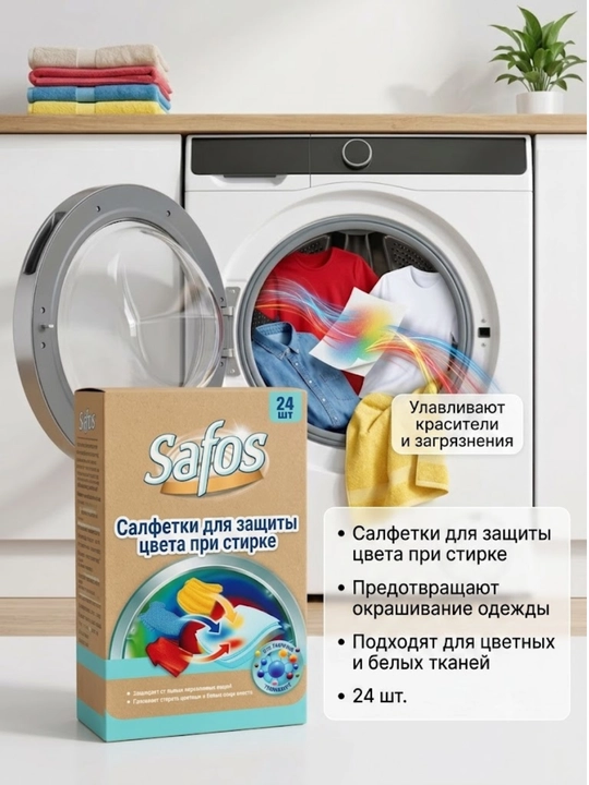 Safos-Салфетки для улавливания красителей при стирке, для белых и цветных вещей - 