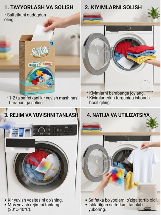 Safos-Rang Ushlovchi Kir Yuvish Salfetkalari, Oqartirish, Rangli Kiyimlar Uchun