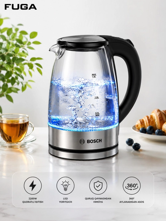 Elektr choynak 1.8l - 2.0l, 1500W - 2200W, zamonaviy dizayn va 360° aylanuvchi baza - 