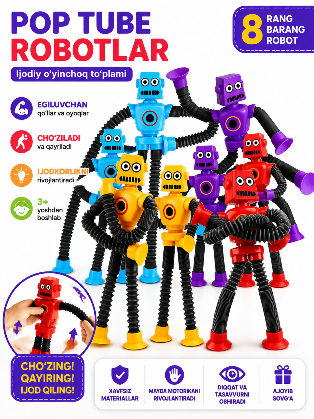 8 ta so‘rg‘ichli cho‘ziluvchan robot, dekompression teleskopik qo‘g‘irchoq-naychalar - 