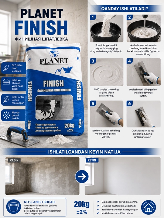 PLANET FINISH gipsli finish shpatlyovka 20 kg, ichki devor va shift uchun - 