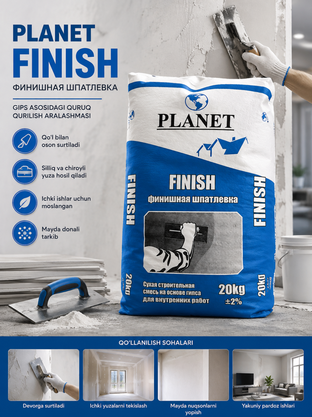 PLANET FINISH gipsli finish shpatlyovka 20 kg, ichki devor va shift uchun