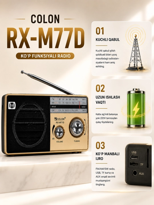 Radio GOLON RX-M77D portativ radiopriyomnik FM AM SW USB TF 