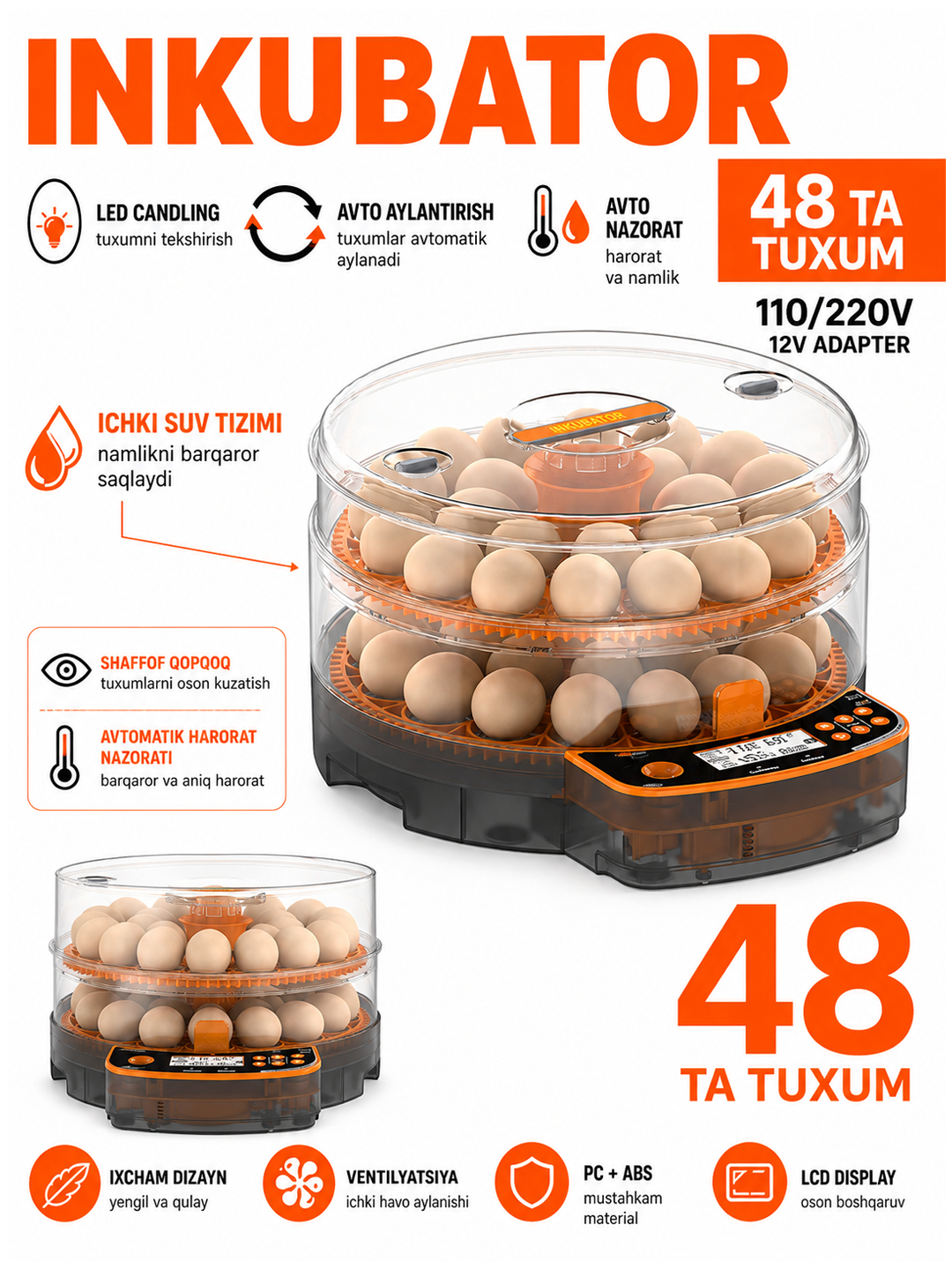 Avtomat inkubator 24/48 tuxum uchun, 12V va 220V tovuq tuxumi inkubatori - 