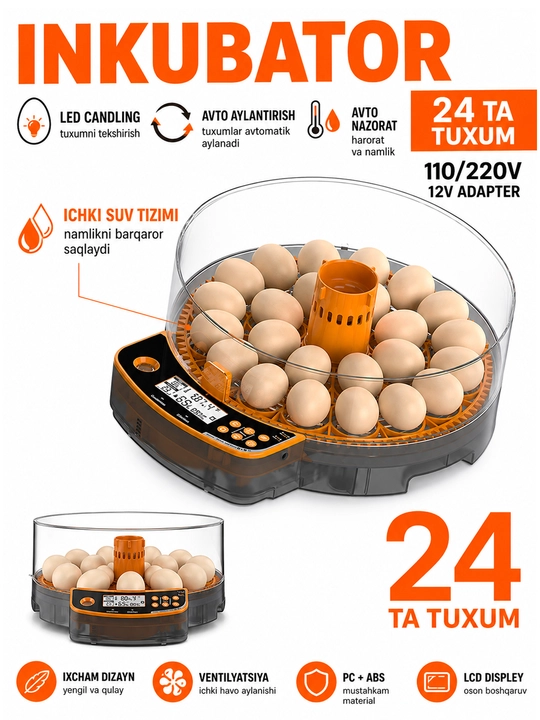 Avtomat inkubator 24/48 tuxum uchun, 12V va 220V tovuq tuxumi inkubatori - 
