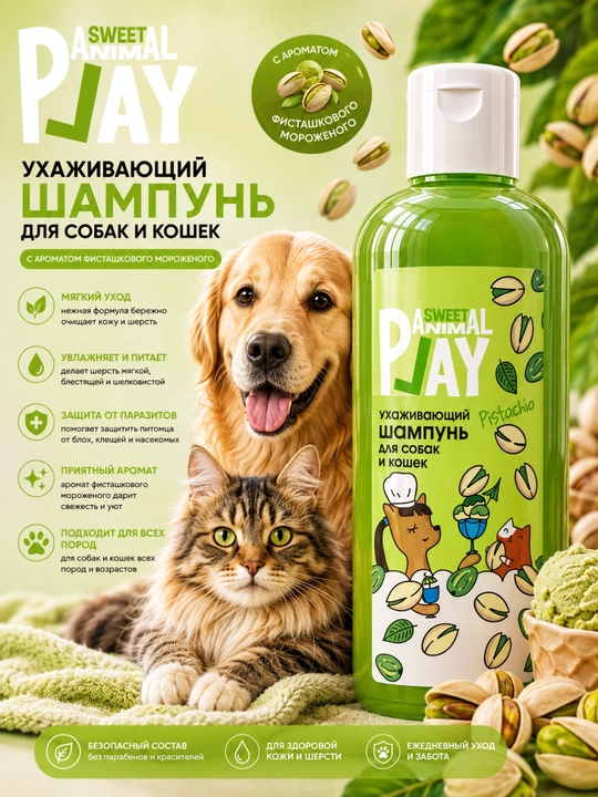 It va mushuklar uchun parvarishlash shampuni Animal Play Sweet "Pistali muzqaymoq" - 