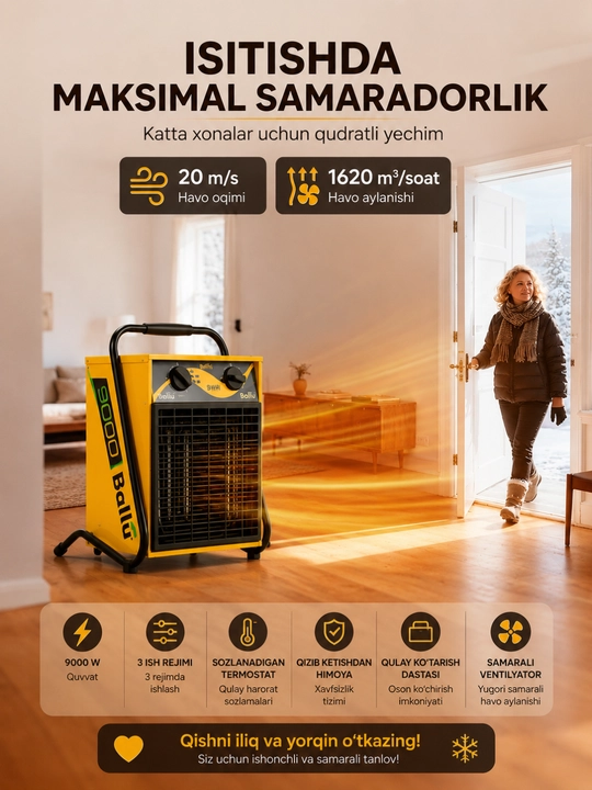 Ballu BHP-M-30 elektr qurilish isitish pechkasi, 30 kVt, 300 m² gacha