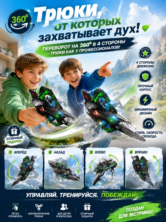 Dron samolyot radioboshqaruvli, 360° manyovrli, RGB chiroqli qiruvchi samolyot, o'yinchoq