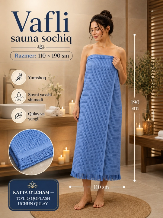 Sauna uchun yengil va yaxshi shimadigan vafli sochiq, 110×190 sm - 