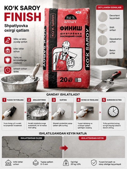 Шпаклевка для гипсокартона KO'K SAROY FINISH, для внутренних стен и потолков, 20 кг - 