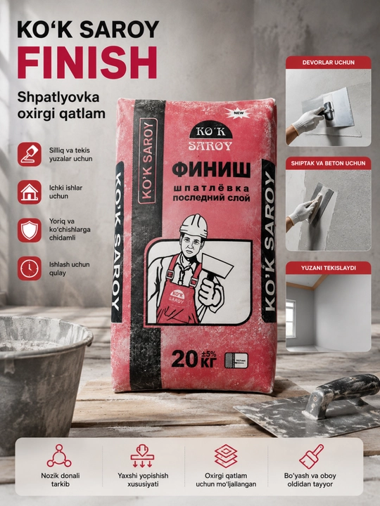 KO'K SAROY FINISH gipsli yakuniy qatlam shpatlyovkasi, ichki devor va shiftlar uchun 20 kg