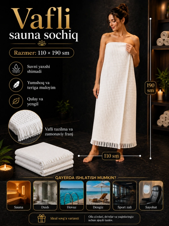 Sauna uchun yengil va yaxshi shimadigan vafli sochiq, 110×190 sm - 