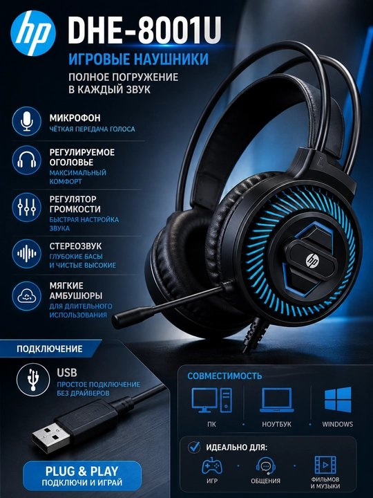 Игровые наушники HP DHE-8001U USB с микрофоном для ПК и ноутбука RGB - 