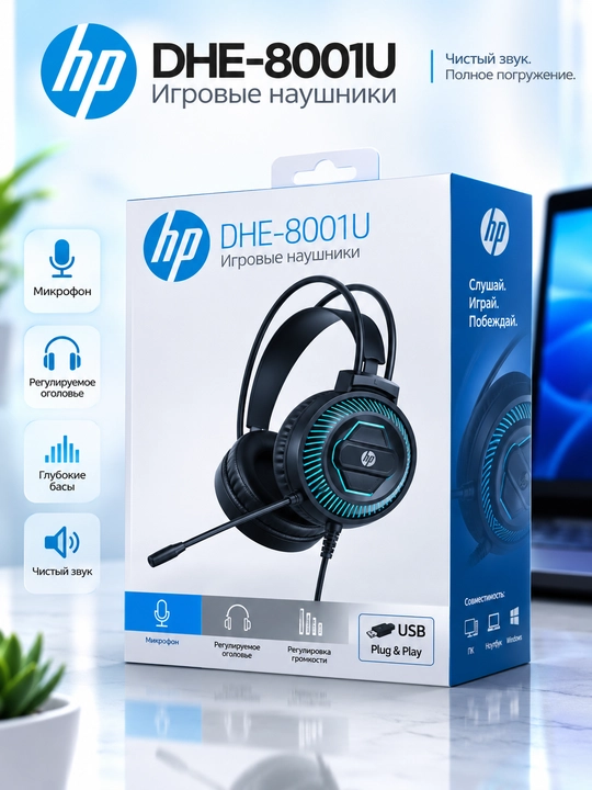 HP DHE-8001U USB mikrofonli o'yin quloqchini — Kompyuter va noutbuk uchun RGB