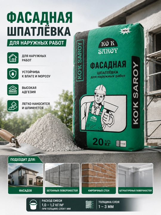 KO'K SAROY Fasad shpatlyovkasi 20 kg, tashqi devorlar uchun quruq qurilish qorishmasi