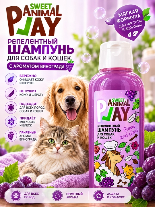 Animal Play Sweet "Uzum va chinnigullar" itlar va mushuklar uchun repellentli shampuni - 