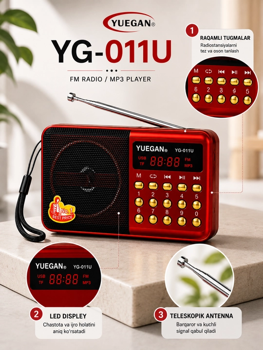 Радиоприемник YUEGAN YG-011U портативное радио FM USB TF MP3 красный
