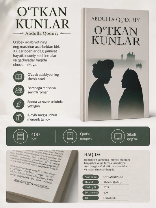 Abdulla Qodiriy: O'tkan kunlar — o'zbek romanchiligi shahosari, tarixiy-badiiy roman - 