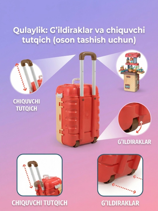 Suv va bug‘ effekti bilan jihozlangan bolalar o‘yinchoq oshxonasi, idish-tovoqlar to‘plami