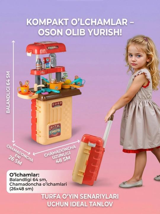 Suv va bug‘ effekti bilan jihozlangan bolalar o‘yinchoq oshxonasi, idish-tovoqlar to‘plami