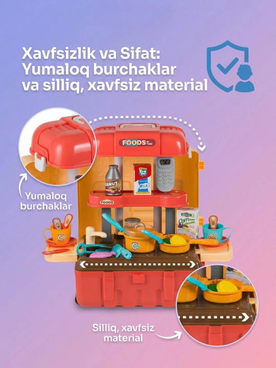 Suv va bug‘ effekti bilan jihozlangan bolalar o‘yinchoq oshxonasi, idish-tovoqlar to‘plami