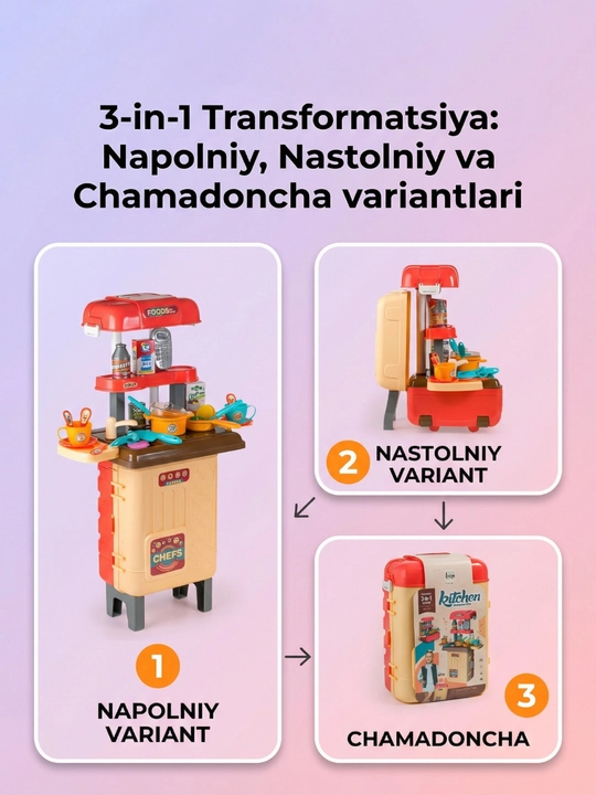 Suv va bug‘ effekti bilan jihozlangan bolalar o‘yinchoq oshxonasi, idish-tovoqlar to‘plami