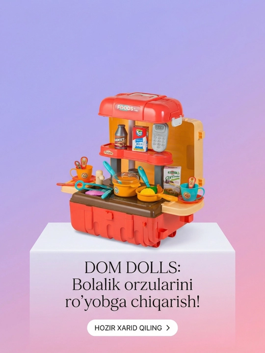 Suv va bug‘ effekti bilan jihozlangan bolalar o‘yinchoq oshxonasi, idish-tovoqlar to‘plami