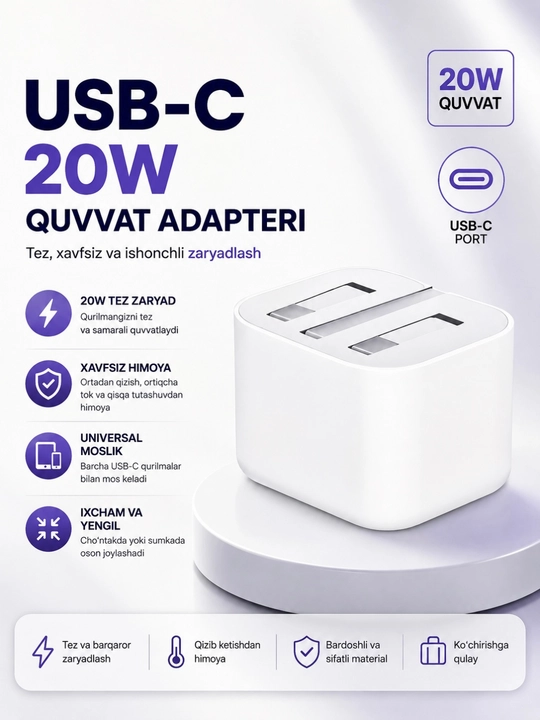 USB-C 20W Power Adapter tezkor quvvat adaptori uchun zaryadlash bloki - 