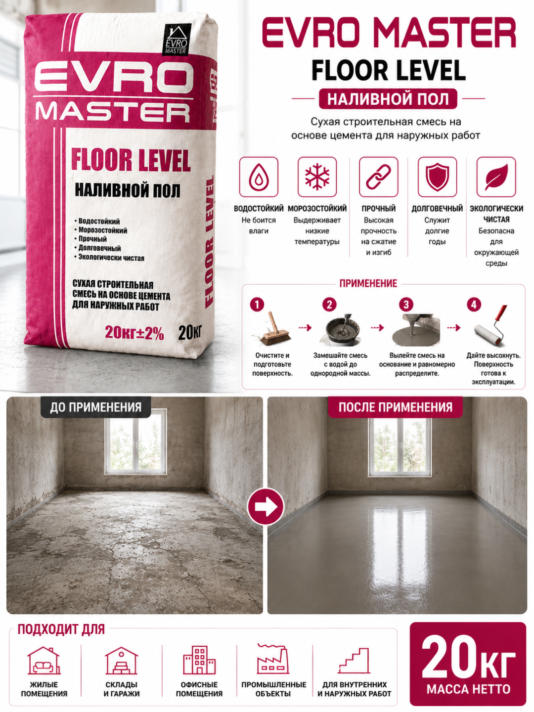 EURO MASTER FLOOR LEVEL – Самовыравнивающаяся цементная смесь для пола 20 кг