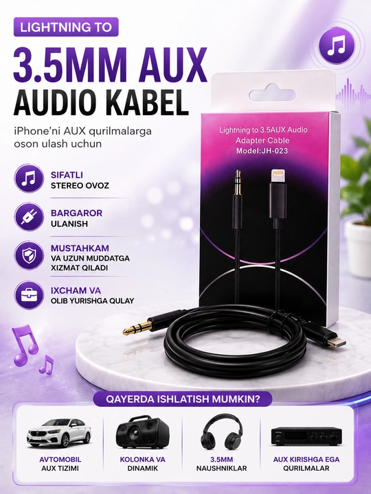 Аудиокабель H-023 Lightning — 3,5 мм AUX, аудиокабель для iPhone - 