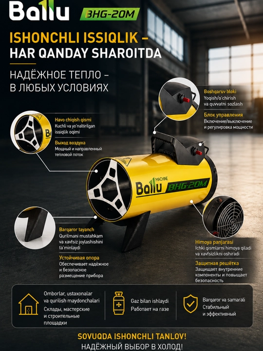 Газовый теплогенератор Ballu BHG-20M, 20 кВт, переносной газовый обогреватель