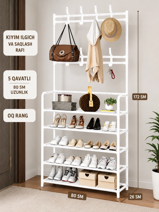 Oyoq kiyim uchun javon, ilgich va saqlash tokchasi, metall, 5 qavatli, 80×26×172 sm - 