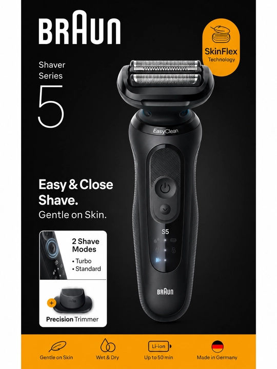 Электробритва Braun Series 5 52-N1200s BLK тип 5762, сухое и влажное бритье